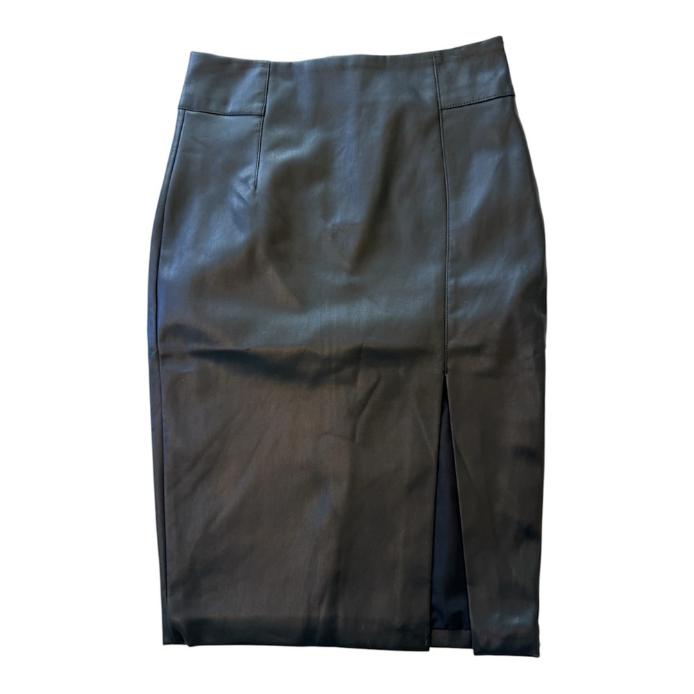 H&M Black Faux Leather Midi Pencil Skirt Slit Back US 2